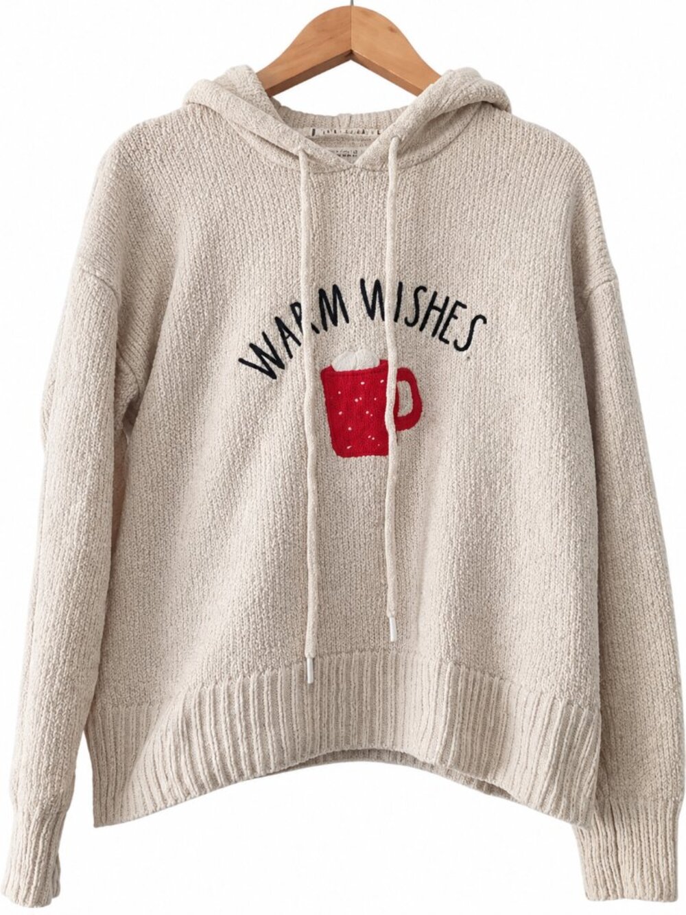 Rae Dunn Cream Warm Wishes Red Mug Hooded Sweater Cozy Christmas M